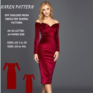 Könnte beinhalten: Ein rotes, schulterfreies Samtkleid-Schnittmuster. Das Schnittmuster ist in den Größen 34 bis 52 und XS bis 4XL erhältlich. Das Schnittmuster ist auf A4-Papier gedruckt und enthält Anweisungen zum Nähen des Kleides.