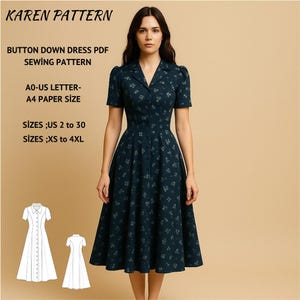Button Down Midi Dress Sewing Pattern,Cottagecore Dress Sewing Pattern,Button Front Dress,Million Button Dress, XS-4XL