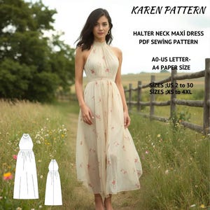 Halter Neck Maxi Dress Sewing Pattern,Tulle Summer Dress,Chiffon Dress,Sundress Pattern,Boho Dress,Maxi Dress, XS-4XL
