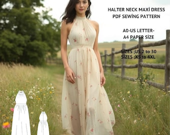 Halter Neck Maxi Dress Sewing Pattern: Tulle Chiffon Sundress (XS-4XL) (Digital Download)