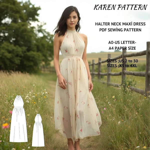 Halter Neck Maxi Dress Sewing Pattern: Tulle Chiffon Sundress (XS-4XL) (Digital Download)