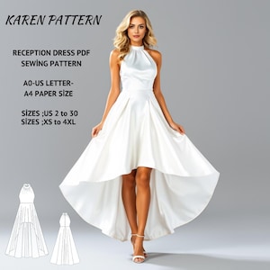 Op de afbeelding: Een wit high-low receptiejurk naaipatroon. Het patroon is verkrijgbaar in de maten US 2 tot 30 en XS tot 4XL. Het patroon is geprint op A4-papier en is verkrijgbaar in AO-US letterformaat.