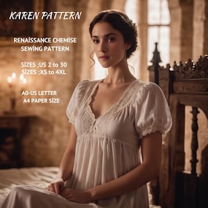 Renaissance Chemise Sewing Pattern,Cottagecore Chemise,Fairy,Regency,Elvish dress,Medieval Nightgown,Gathering skirt,Regency,A0 A4,US 2 to30