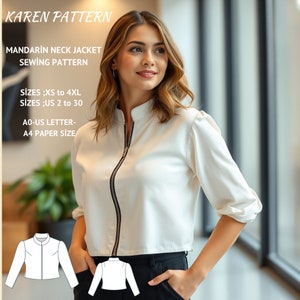 May include: A white mandarin collar jacket sewing pattern with a black zip. The pattern is available in sizes XS to 4XL and UK sizes 2 to 30. The pattern is printed on A0-UK letter size paper.