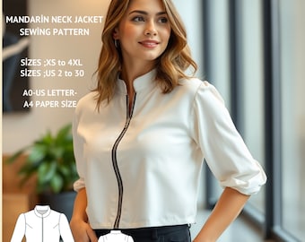 Mandarin Neck Zipper Jacket Sewing Pattern, Puff Sleeve Crop Top (XS-4XL)