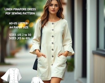 Linen Pinafore Dress Sewing Pattern, A4-US Letter A0 XS/4XL (Digital Download)