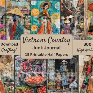 Land Vietnam Junk Journal Papiere, halbe Papiere, dekoratives Papier, Junk Journal Kit, druckbares Journalpapier, Asien, Landschaft, Ephemera