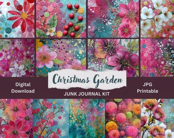 Christmas Junk Journal Kit: Printable Ephemera (Digital Download) Pretty Flowers Eclectic Gelli dots
