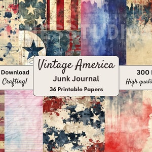 Kit de journal indésirable imprimable vintage rouge blanc et bleu Junk Journal, téléchargement numérique vintage Amérique du 4 juillet, éphémères, art mural, patriotique