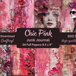 Kit de journal indésirable chic en papier, téléchargement numérique éphémère rose Papercraft vintage minable, scrapbooking papier, technique mixte