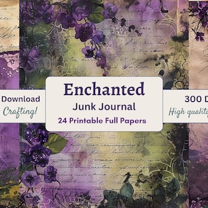 Kit de journal indésirable enchanté, violet et vert, shabby chic, fantaisiste, papier numérique, papier décoratif, imprimable, jardin, éphémère