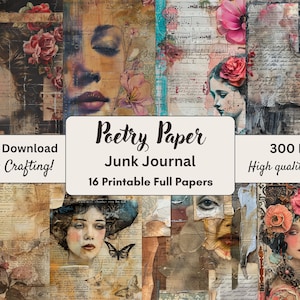 Carta di poesia vintage, kit per diario spazzatura, femminile, lunatica, carta decorativa, stampabile, carta digitale, effimera, carta per album di ritagli, 8,5 x 11”