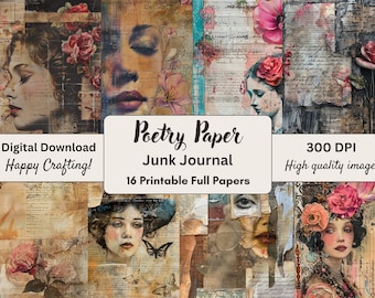 Puede incluir: Una descarga digital de 16 papeles imprimibles para el diario de chatarra. Los papeles presentan diseños de inspiración vintage con imágenes de mujeres, flores y texto. Los papeles son de 300 DPI y de alta calidad.
