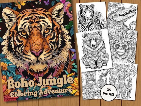 Boho Jungle Animals Coloring Book: SE Asia Printable Grayscale (PDF)