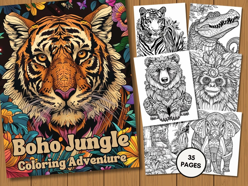 Op de afbeelding: Een kleurboekomslag met een kleurrijke illustratie van een tijgergezicht omringd door bloemen. De titel van het boek is "Boho Jungle Coloring Adventure" en de omslag bevat ook een zwart-witte illustratie van een tijger, beer, aap, krokodil en olifant. De omslag geeft aan dat het boek 35 pagina's heeft.