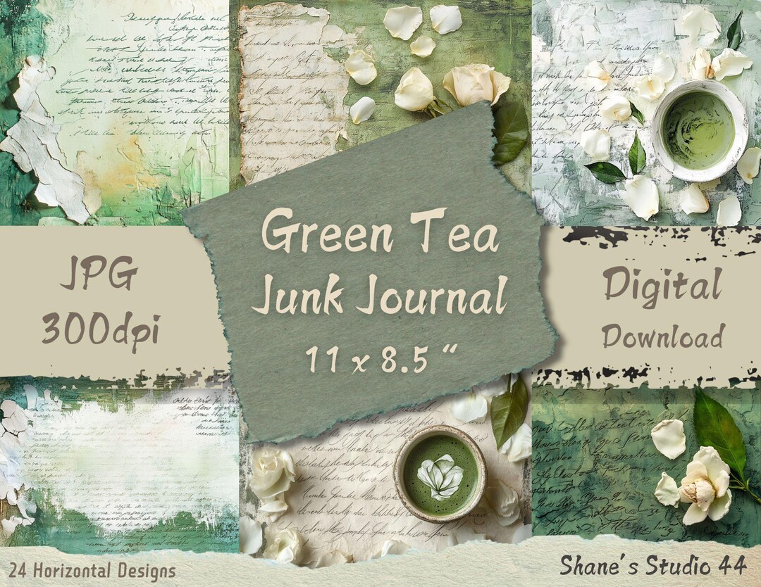 Green Tea Junk Journal Paper: Distressed Ephemera (digital Download) - Etsy