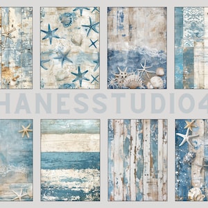 May include: A digital collage of six images featuring a blue and white woodgrain background with various sea-themed elements, including starfish, seashells, and waves. The text "SHANESSSTUDIO44" is printed in the center of the collage.