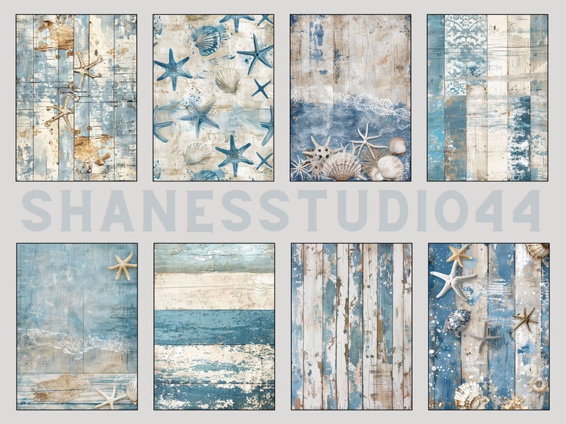May include: A digital collage of six images featuring a blue and white woodgrain background with various sea-themed elements, including starfish, seashells, and waves. The text "SHANESSSTUDIO44" is printed in the center of the collage.