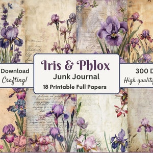 Könnte beinhalten: Digitaler Download von 18 druckbaren Papieren mit lila Iris und Phlox Blumen auf einem Vintage-Hintergrund mit handschriftlichem Text. Iris & Phlox Junk Journal. 300 DPI hochauflösende Bilder. Viel Spaß beim Basteln!
