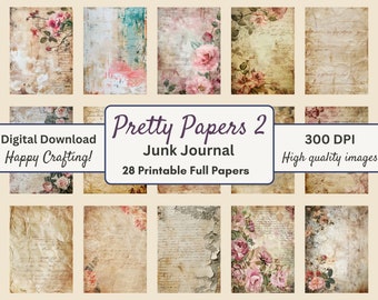 Może przedstawiać: Cyfrowy plik do pobrania zawierający 28 papierów do druku do tworzenia junk journal. Papiery mają vintage'owy styl z kwiatowymi wzorami, ręcznie pisanym tekstem i przetartymi fakturami. Papiery mają rozdzielczość 300 DPI i wysoką jakość.