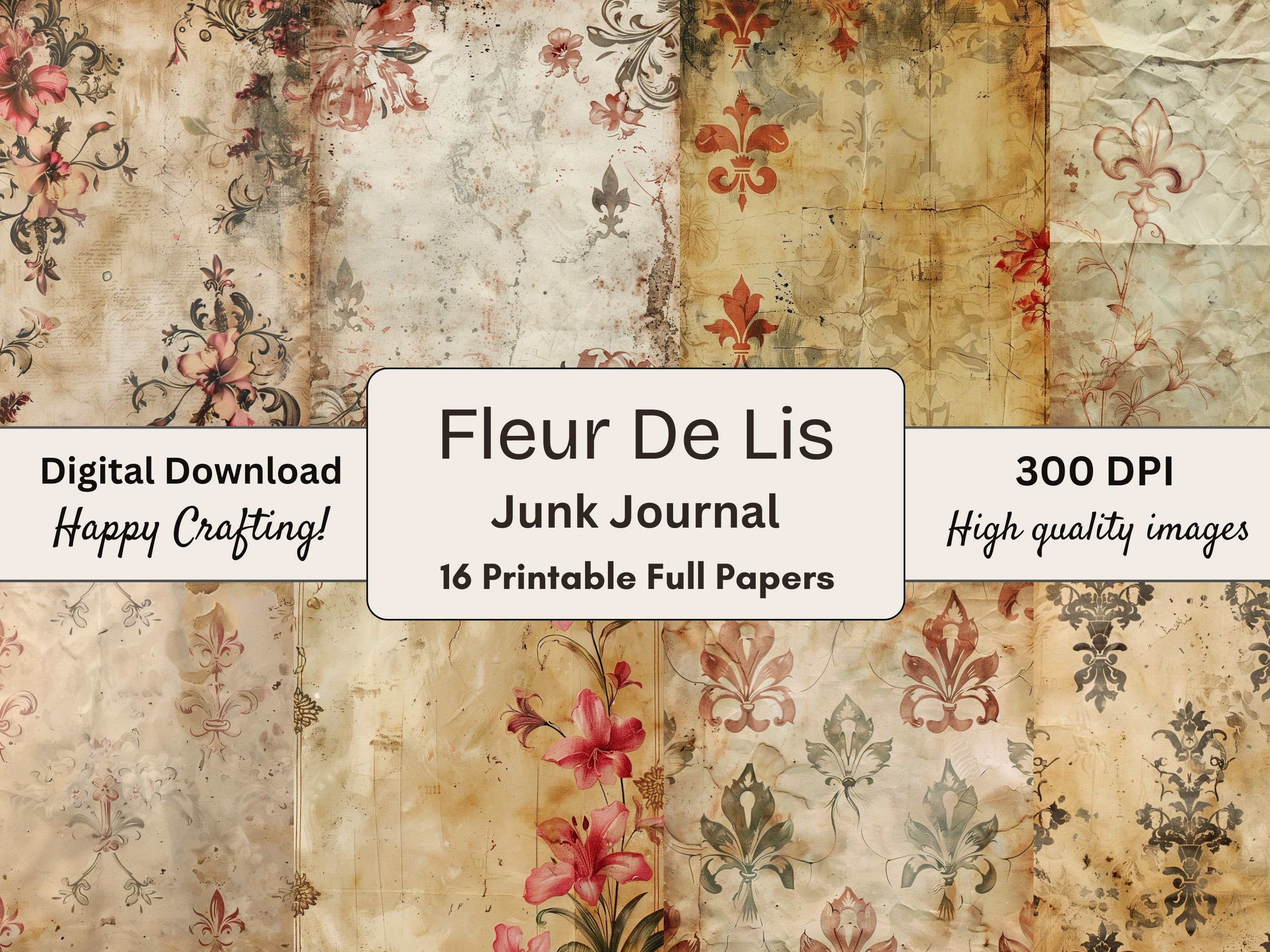 Fleur De Lis Junk Journal Kit: Vintage Ephemera Paper (digital 