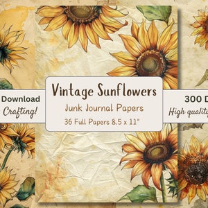 Vintage Sunflowers | Junk Journal Printable | Writing Paper | Digital Download | Printable Ephemera | Distressed Paper | 8.5 x 11 Vertical