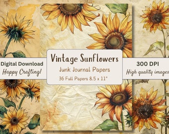 May include: Digital download of 36 vintage sunflower junk journal papers. The papers are 8.5 inches by 11 inches and are 300 DPI. The papers feature a watercolor style with sunflowers on a textured background.