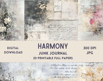 Junk Journal imprimable Journal Paper Ephemera, papier vieilli, script, collage numérique, grunge, techniques mixtes, gris neutre