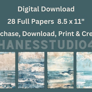 May include: A digital download of 28 printable papers featuring ocean scenes with blue and white waves, a sandy beach, and a cloudy sky. The papers are 8.5 inches by 11 inches. The text "Digital Download", "28 Full Papers 8.5 x 11", "Purchase, Download, Print & Create", and "SHANESSTUDIO44" is visible on the image.
