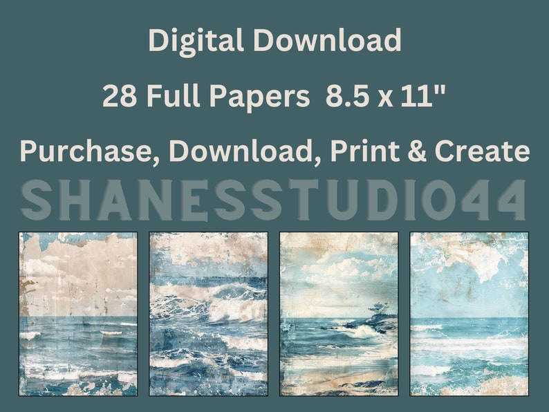 May include: A digital download of 28 printable papers featuring ocean scenes with blue and white waves, a sandy beach, and a cloudy sky. The papers are 8.5 inches by 11 inches. The text "Digital Download", "28 Full Papers 8.5 x 11", "Purchase, Download, Print & Create", and "SHANESSTUDIO44" is visible on the image.