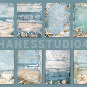 May include: A collage of 8 digital images featuring a beach scene with blue and white wooden planks, ocean waves, sand, and seashells. The images are arranged in a grid pattern. The text "SHANESSSTUDIO44" is visible in the center of the collage.