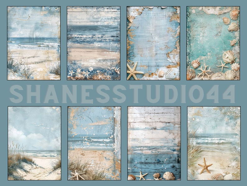 May include: A collage of 8 digital images featuring a beach scene with blue and white wooden planks, ocean waves, sand, and seashells. The images are arranged in a grid pattern. The text "SHANESSSTUDIO44" is visible in the center of the collage.