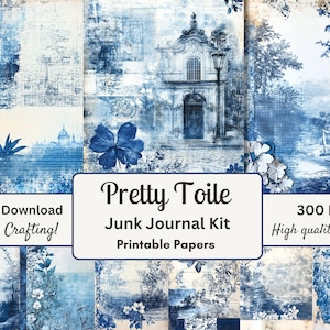 Junk Journal toile, Decorative Paper, Digital Paper, Printable Journal Paper, Vintage paper, Ephemera, distressed paper, pretty, blue white