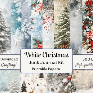 Kit Junk Journal bianco Natale, Carta decorativa, Carta digitale, Carta per diario stampabile, Carta vintage, Ephemera, carta invecchiata inverno