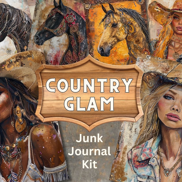 Country Glam Junk Journal Kit, Scrapbook supplies, ephemera, country western, cowgirl, modern country girl, cowboy, saloon, half papers, kit