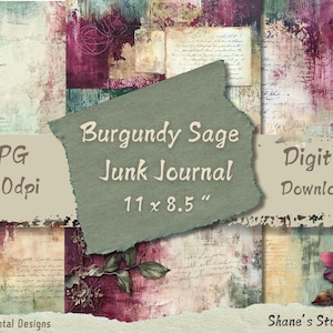 Carta per diario spazzatura, carta digitale, carta collage stampabile per diario spazzatura, carta vintage, effimera con texture verde bordeaux con scritta rovinata
