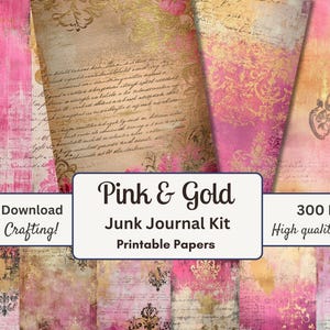 Junk journal printable shabby chic distressed ephemera digital paper junk journal kit  craft paper vintage pink and gold