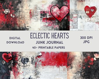 May include: Digital download of 40+ printable papers featuring eclectic hearts, abstract textures, and handwritten text. Perfect for junk journaling, scrapbooking, or mixed media art projects. 300 DPI JPG.