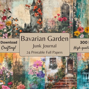Junk Journal, Dekoratives Papier, Digitales Papier, Junk Journal Kit, Printable, Vintage Papier, Ephemera, Bayerischer Garten, shabby chic Distressed