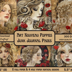 Junk Journal Kit | Jugendstil Mohnblumen | Digitales Papier | Druckbare Ephemera | Hübsches Papier | Digitaler Download | Göttin | Bastelpapier | Rot