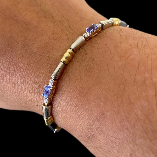 14k White & Yellow Gold Tanzanite and Diamond Bracelet 7.5” 11.7 grams