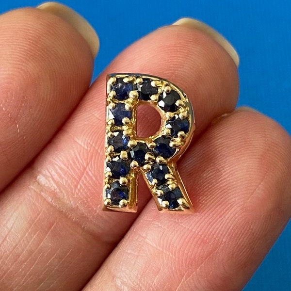 14k Yellow Gold Monogram Pendant ‘R’ with Blue Sapphires