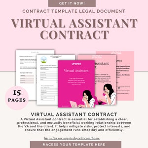 Vertragsvorlage für virtuellen Assistenten, Dienstvereinbarung für virtuellen Assistenten, freiberuflicher Vertrag, persönlicher Assistent, VA-Vertrag bearbeitbar, Canva