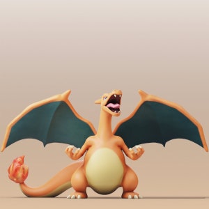 Könnte beinhalten: Eine 3D-gerenderte Figur des Pokémon Charizard in Orange und Gelb mit ausgebreiteten Flügeln und einem feurigen Schwanz. Die Figur hat einen weit geöffneten Mund und eine rosa Zunge.