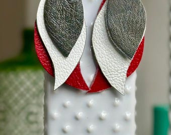 Upcycled Leather Leaf shape Earrings – Red, White, Grey, Sterling Silver Hooks