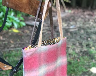 HOBO BAG . Two sides . Handmade . Unique piece . Up-cycled leather , Wool , African Fabric .