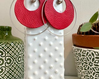 Upcycled leather earrings with Sterling Silver hoops and silver drop beads .