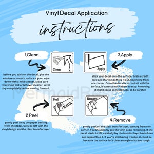 Peut inclure: Instructions illustr&eacute;es pour l'application d'un autocollant en vinyle sur une surface. Les &eacute;tapes comprennent le nettoyage de la surface, le d&eacute;collement du support de l'autocollant, l'application de l'autocollant et le retrait du film de transfert.
