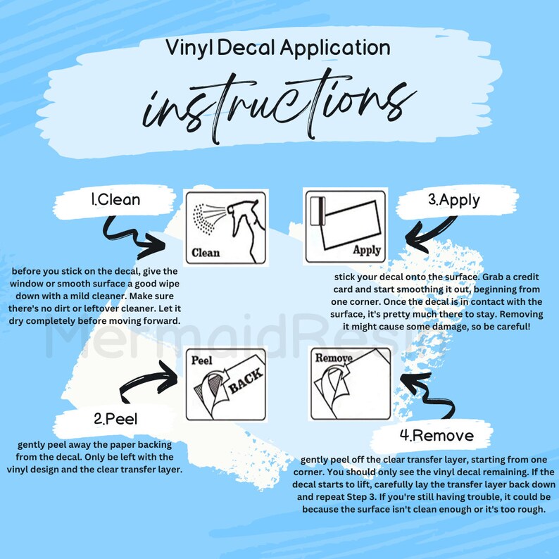 Peut inclure: Instructions illustr&eacute;es pour l'application d'un autocollant en vinyle sur une surface. Les &eacute;tapes comprennent le nettoyage de la surface, le d&eacute;collement du support de l'autocollant, l'application de l'autocollant et le retrait du film de transfert.