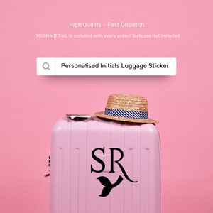 Pegatinas personalizadas de maleta de sirena, equipaje con iniciales, calcomanía de vinilo de vacaciones, calcomanía de vinilo de vacaciones, nombre de pegatina, nombre de la maleta